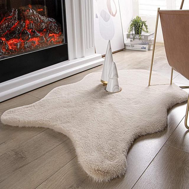 Ashler Ultra Soft Faux Rabbit Fur Chair Couch Cover Area Rug for Bedroom Floor Sofa Living Room Beige 2 x 3 Feet