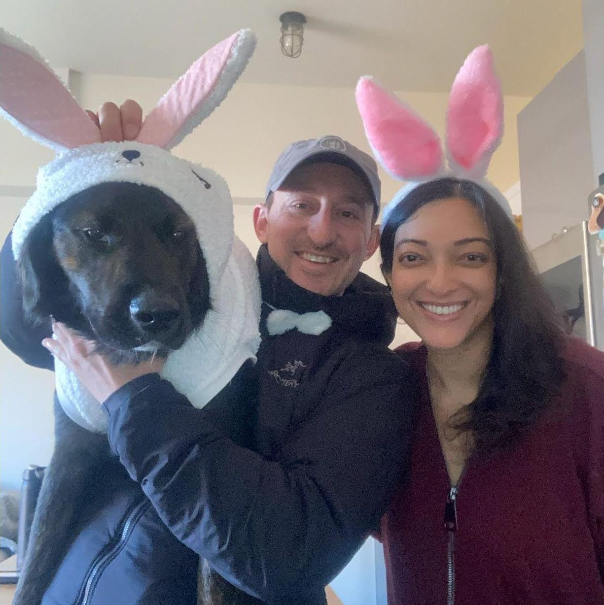 We brought our little Easter Bunny outside to a participate in an Easter Egg Hunt last year! John brought dog treats resembling Easter Eggs, I hid them and Enzo found and devoured them all!