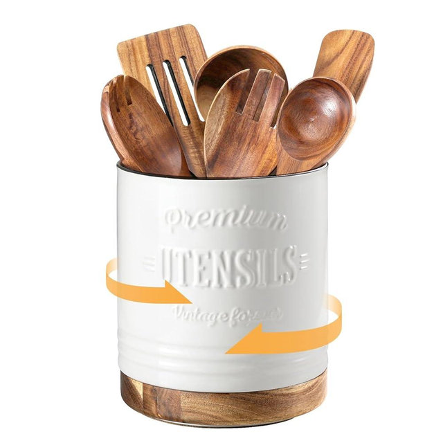 DOWAN 360° Rotating Extra Large Cooking Utensil Holder, 7.6" Kitchen Utensil Holder for Countertop, Utensil Crock for Farmhouse Kitchen Decor, Ceramic Stable Utensil Caddy, White Text