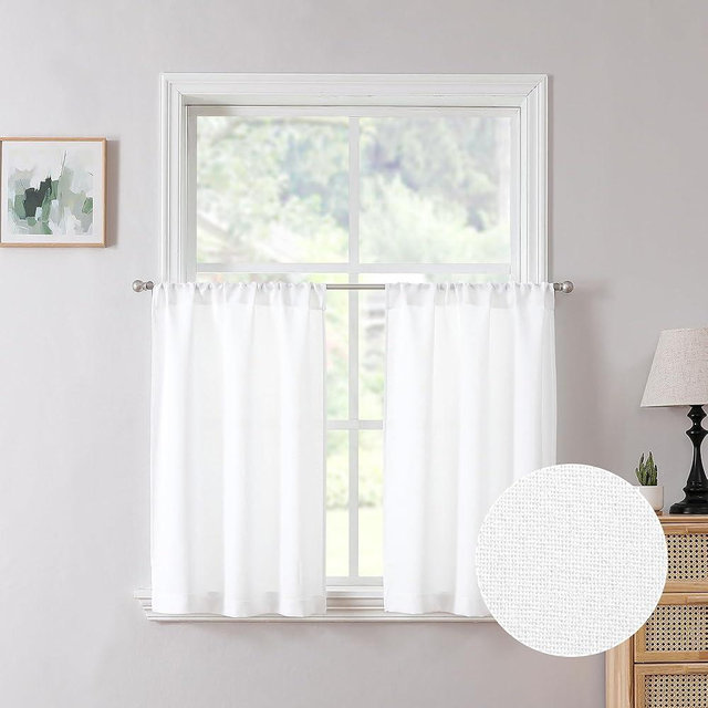 Tollpiz Linen Tier Curtains Rod Pocket Semi Sheer Short Kitchen Curtain Half Burlap Light Filtering Thick Linen Drape for Bathroom, 30 x 30 inches Long, White, Set of 2 Panels