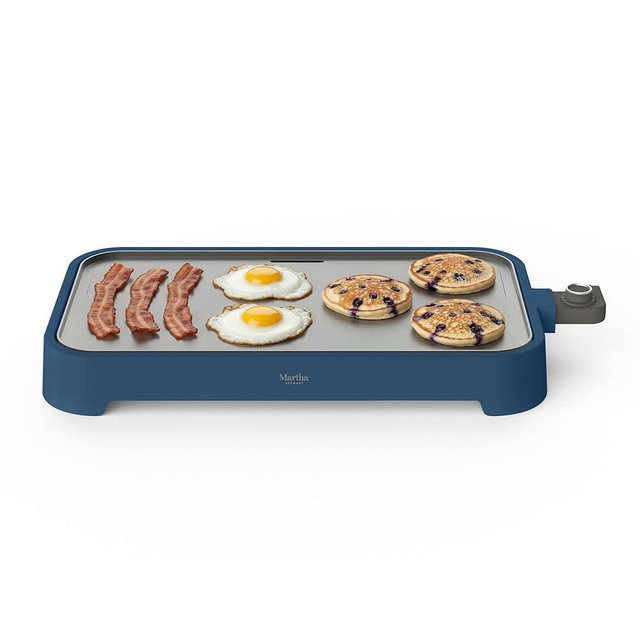 Martha Stewart 12” x 22” Electric Griddle, XL Ceramic Nonstick Flat Top Cooking Surface, Adjustable Temperature Dial, Drip Tray, Dishwasher Safe, 1500W Fast Even Heating, Pancakes & Eggs, Indigo Blue