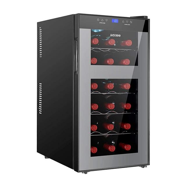 Wine Fridge Dual Zone， 18 Bottles Mini Small Wine Cooler Refrigerator ChillerUpper Zone 46f-54f Lower Zone 54f-65f for Red White Wine Champagne Sparkling in Home Office Kitchen Bedroom Countertop （18 Bottles)