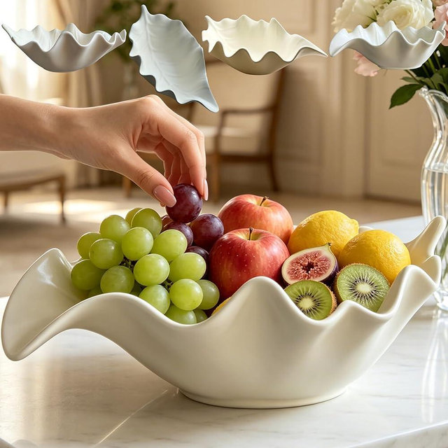 Premium 10.63'' Leaf Shaped Ceramic Bowl-Artisan Serving Decor Bowl,Fruit,Salad,Bread,Snack,key Bowl, Modern Farmhouse Dining Table Centerpiece, Kitchen Counter, Home Livingroom Decor-Birthday Gift