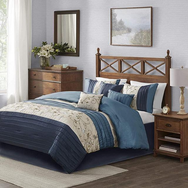 Madison Park Serene Faux Silk Comforter Floral Embroidery Design All Season Set, Matching Bed Skirt, Decorative Pillows, Queen(90"x90"), Navy