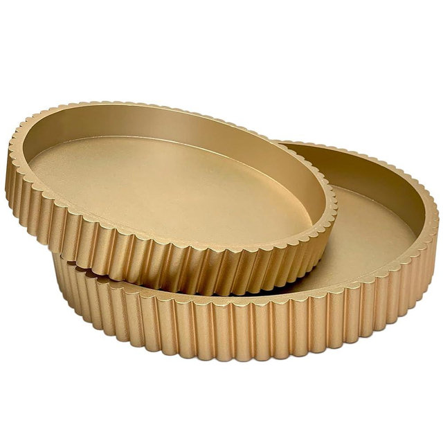 Modern Table Round Decorative Trays 2pcs Home Decor - Circle Coffee Table Centerpiece Set 12"/10" - Wooden Golden Ottoman Tray with Fluted Edge