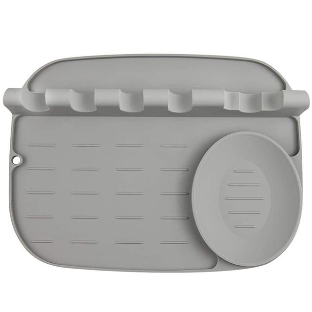 Silicone Utensil Rest with Drip Pad, Large Heat-Resistant Silicone Spoon Rest 2 in 1 for Kitchen Counter Stove Top, BPA-Free Multiple Utensils Spoon Holder (gray)