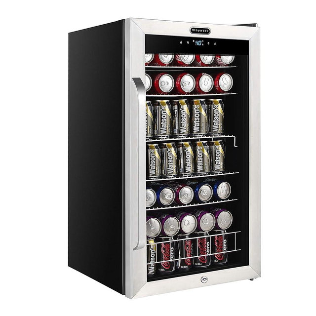 Whynter Beverage Refrigerator with Glass Door, 121-Can 3.4 Cu. Ft. Drink Mini Fridge with Lock and Digital Control, BR-1211DS, Stainless Steel