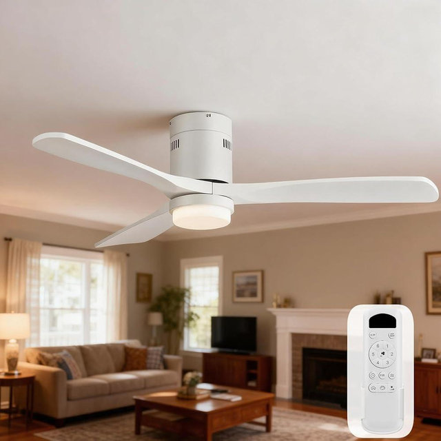 Sofucor Ceiling Fans with Lights-52 Inch Flush Mount Ceiling Fan with Light and Remote Control, Low Profile Wood Blades Modern Outdoor Ceiling Fans for Bedroom/Farmhouse/Patio, Quiet DC Motor, White
