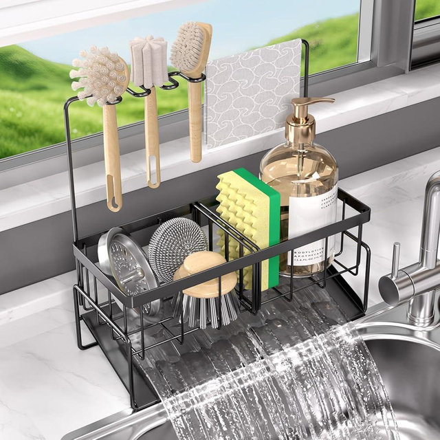 NET MEYA Sponge Holder for Kitchen Sink,Stainless Steel Sink Caddy With Brush Holder and Dishcloth Holder,Sink Oragnizer Kitchen Countertop Dish Soap Dispenser Set,Sponge Caddy Sink for Kitchen Sink