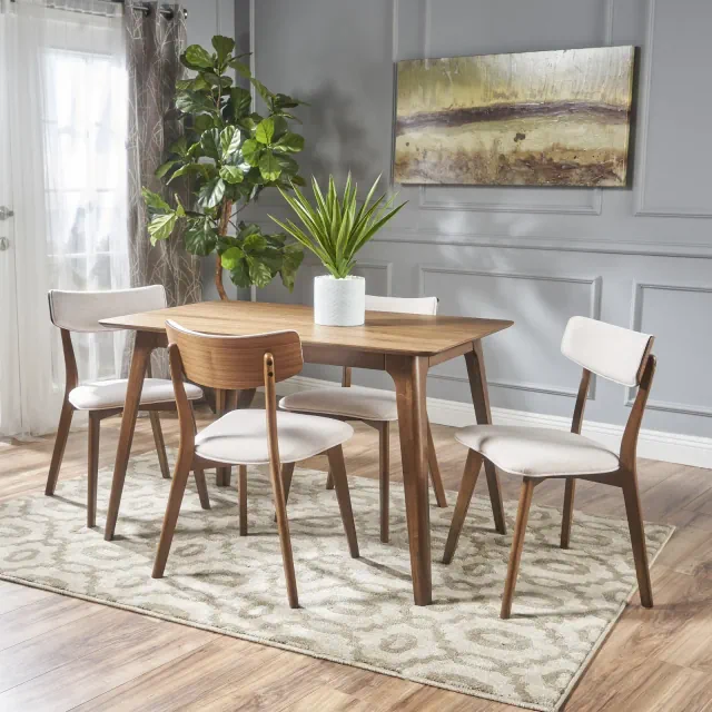 GDFStudio Leora Mid-Century Modern Wood Fabric Upholstered 5 Piece Dining Set, Walnut/Light Beige