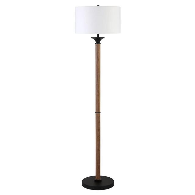Henn&Hart 66" Tall Floor Lamp with Fabric Shade in Rustic Oak/Blackened Bronze, for Home, Living Room, Bedroom, Entertainment Room, Office, Kitchen, Dining