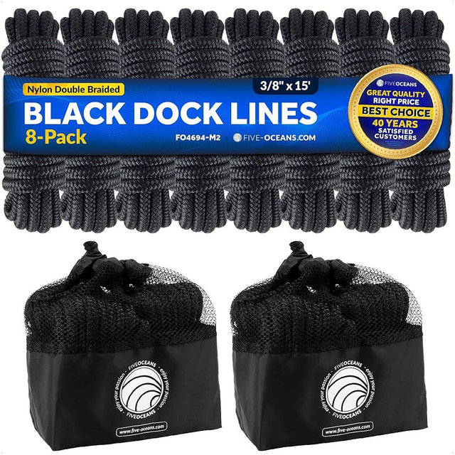 Five Oceans 8-Pack 3/8" x 15' Boat Dock Lines, Black Double Braided Nylon, Marine-Grade, Boat Rope with 12" Eyelet, 1-Year Warranty - FO4694-M2