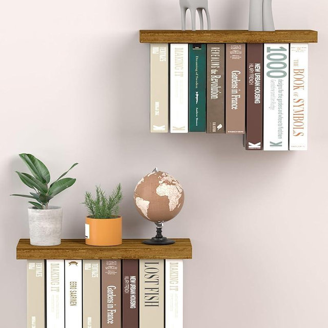 Tohiasen Floating Book Shelves for Wall Mounted Set of 2, Wood Hanging Bookshelf, Book Display Shelf for Wall, Unique Space Saving Book Shelf Wall Book Holder (Brown)