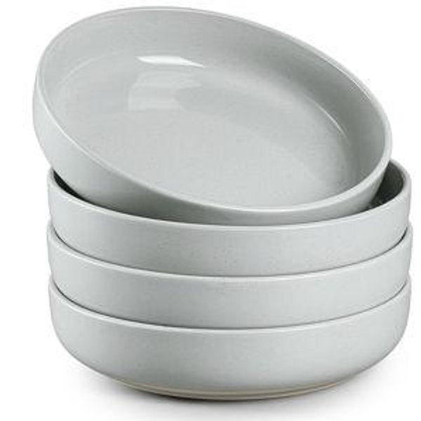 HaWare Pasta Bowls Set of 4, 33oz Large Salad Bowls for Home Kitchen, Ceramic Serving Plates for Soup, Cereal, Scratch-resistant Wide and Shallow Dinner Bowl, Microwave & Dishwasher Safe, Misty Grey