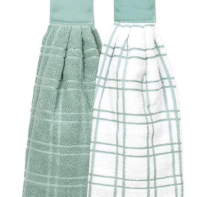 Ritz Kitchen Wears 100% Cotton Checked & Solid Hanging Tie Towels, 2 Pack, Dew, 2 Piece