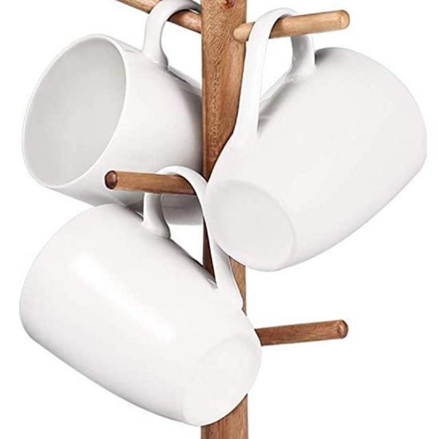 Buruis Wood Mug Holder, Marble Base Cup Rack Tree, Mug Stand Hanger, Kitchen Coffee Mug Tree Countertop Tea Cups Holder Stand, Coffee Cup Dryer with 6 Hooks