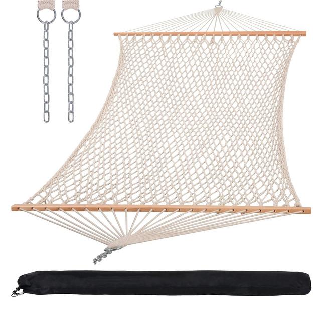 SUNCREAT Hammocks Cotton Rope Double Hammock with Hardwood Spreader Bar and Carrying Bag, 450 lbs Capacity, Natural