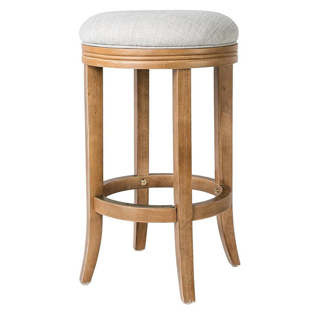 Maven Lane Eva 31 Inch Tall Bar Height Rotating Backless Barstool in Weathered Oak Finish with Sand Color Fabric Upholstered Seat