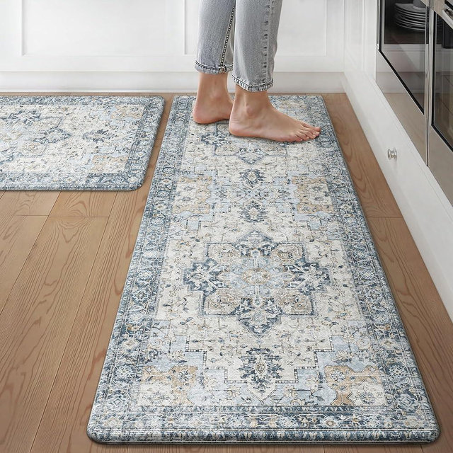 GENIMO Kitchen Mats for Floor 2PCs, Washable Anti Fatigue Mat for Cushioned, 17.3"x47"+17.3"x30", 0.4 inch, Waterproof Kitchen Rug, Non Slip Standing Mat for Home, Runner, Office, Laundry, Light Blue