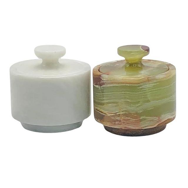 OceanicX Premium Marble Salt Cellar with Lid 2 Pack | 3.5 oz Kitchen Storage Container | Elegant Cooking Salt Box | Spice Jar Keeper for Counter (White Green)