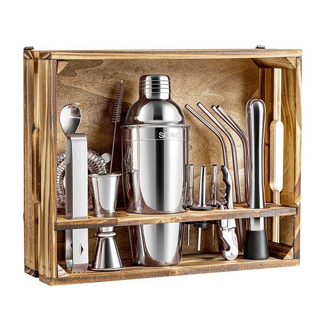 Soing 16-Piece Bartender Kit,Bar Tools Set With Wooden Stand,Perfect Cocktail Shaker Set,Home Bartender Kit,Velvet Carry Bag - Soing Cocktail Recipes Included (Silver)
