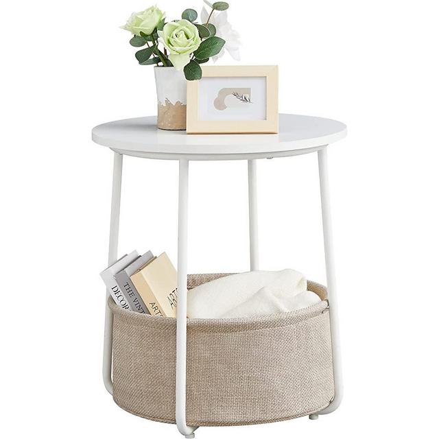 VASAGLE Small Round Side End Table, Modern Nightstand with Fabric Basket, White + Beige