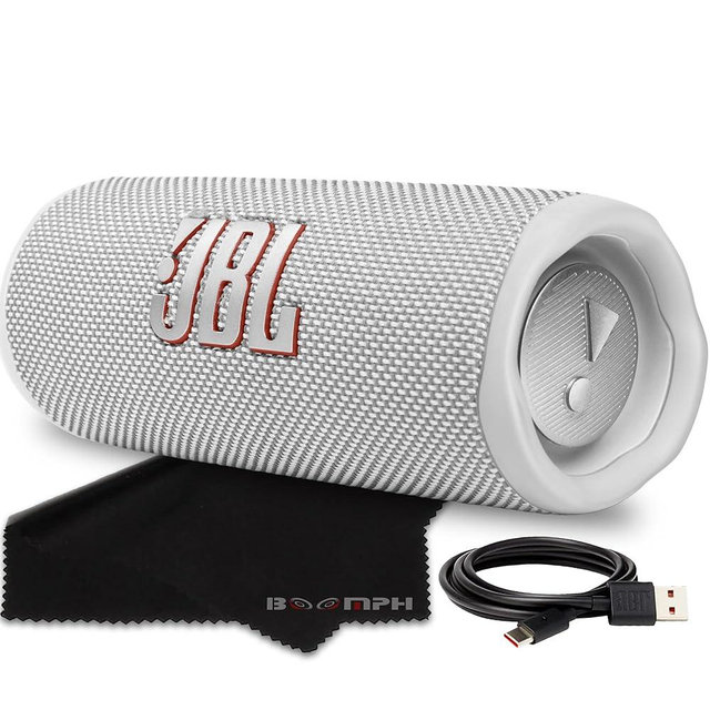 JBL Flip 6 Portable Bluetooth Wireless Speaker, IP67 Waterproof and Dustproof Built-in Battery - White - Boom h's Comprehensive Ultimate Performance Cloth Solution for Your On-The-Go Sound Experience