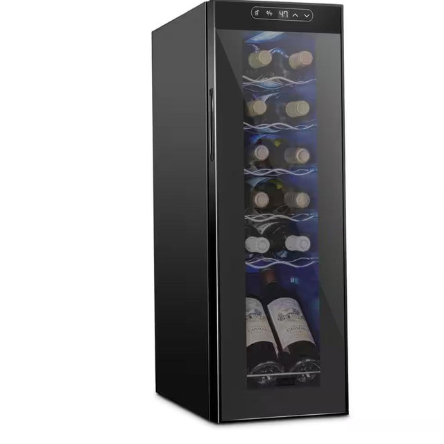 12-Bottle Wine Cooler, Large Cellar Cooling Unit in Black, Freestanding Wine Fridge with Lock