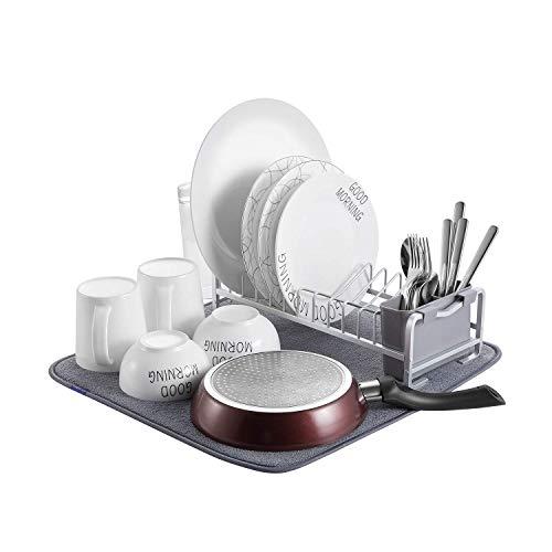 Aluminum Compact Dish Drying Rack,Simple Kitchen Dishes Drying Rack With Microfiber Mat for Kitchen Counter-Drain and Dry Wine Glasses,Bowls and Dishes