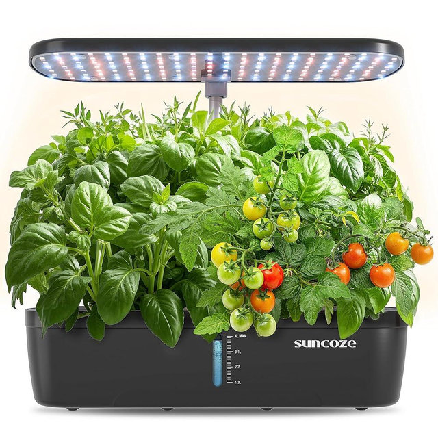 SUNCOZE Hydroponics Growing System Kit 12 Pods, Indoor herb Garden with 20W LED Grow Light, Visible Water Tank with Pump, 2.2"-12.4" Adjustable Height Indoor Gardening System, Gardening Gifts, Black