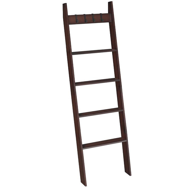 HOOBRO Blanket Ladder, Wall Leaning 5 Ft Blanket Rack, 5 Tier Farmhouse Ladder Shelf, Towel Rack, Decorative Quilt Rack, Removable Hooks, Living Room, Bedroom, Bathroom, Brown BR51CJ01G1
