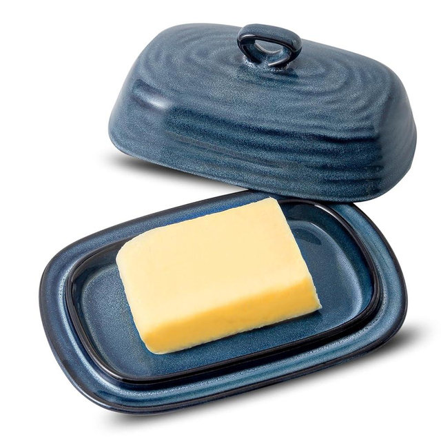 Butter Dish with Lid, Tikooere Ceramic Butter Keeper Holder with Cover for Countertop, Porcelain Butter Container with Handle for East West Coast Butter, Butter Tray Decor for Kitchen Gifts, Blue