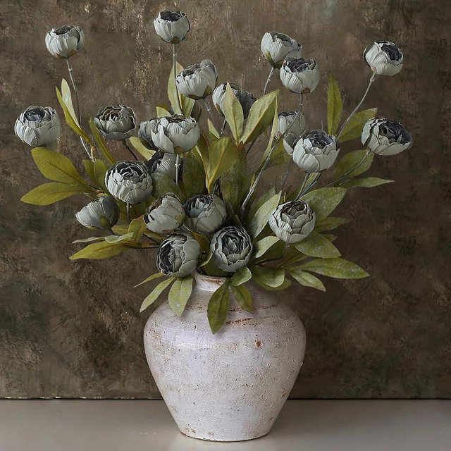 VIERENA 12 Pcs Faux Silk Peony Artificial Flowers for Vase -27", Bulk Fake Peonies Branches with Stems for DIY Bouquet Centerpieces Wedding Fillers Arrangements Shower Decorations (Dark Gray)