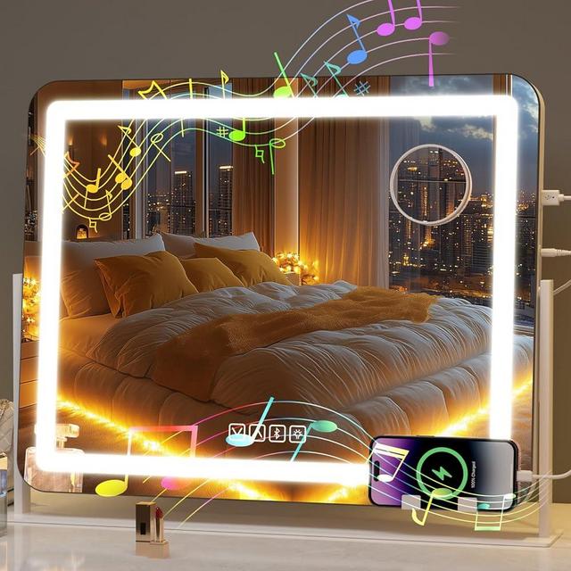 AOBEO Vanity Mirror with Lights and Bluetooth Speaker, 23" x 18" LED Makeup Mirror, Light up Mirror with USB Charging Port, Smart Touch 3 Colors Dimmable, Round Corner