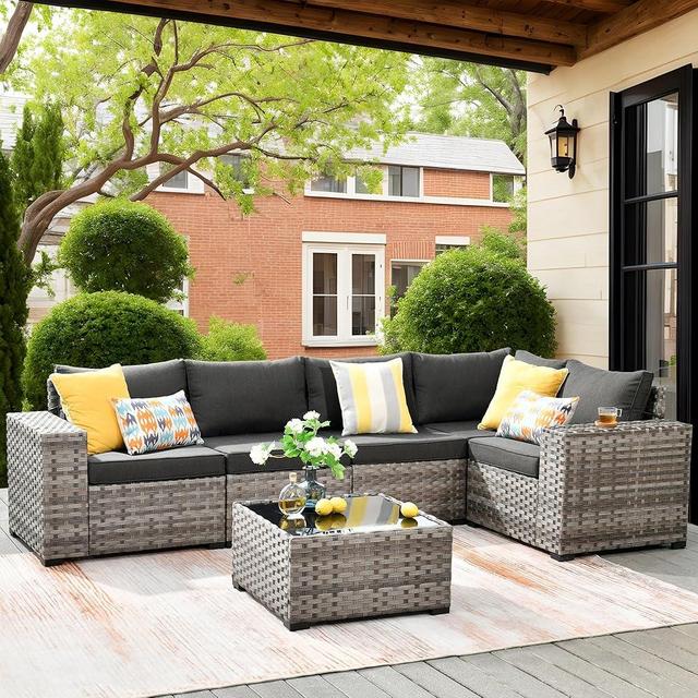 ovios 6 Pieces Patio Furniture Set Outdoor Sectional Sofa Couch with Comfy Cushions and Deep Seat, Modern Modular Wicker Rattan Conversation Set, Black