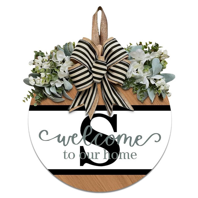 Last Name Round Front Door Wreath Decor for All Seasons, 26 Initial Letter Wreaths for Front Door Porch Welcome Garland and Eucalyptus Hanging Gift for Farmhouse Welcome Sign (S)