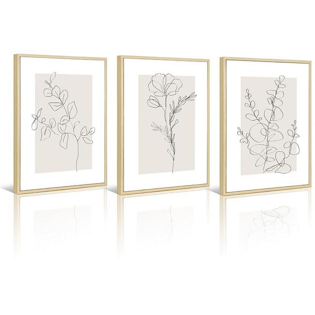 Neutral Botanical Prints Wall Art Flower Minimalist Canvas Wall Decor Vintage Line Wall Art Floral Plant Painting Pictures Beige Boho Artwork Farmhouse Poster for Bedroom 12x16 Inch Framed Set of 3