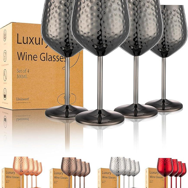 UNISWEET Stainless Steel Wine Glasses-18 oz Unbreakable Hammer point Wine Goblets, Elegant Unique Metal Wine Glass for Outdoor, Travel, Camping, Pool,Gift for Wine Lovers (Set of 4) (Black)