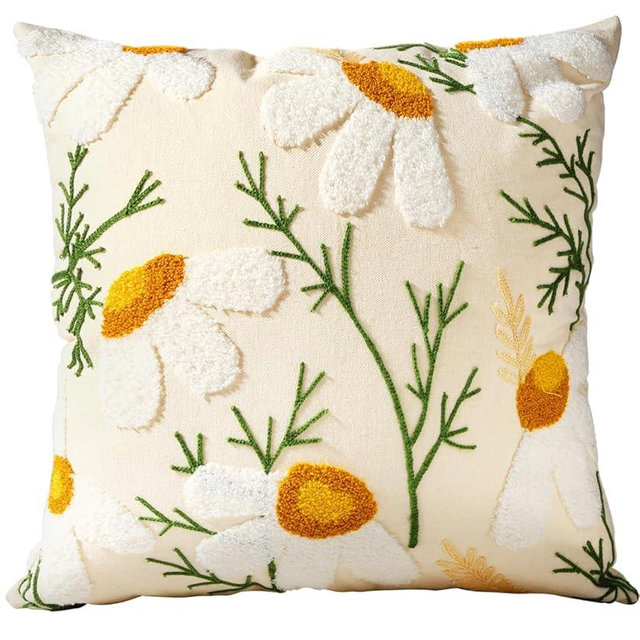 Kokaaee Embroidered Throw Pillow Cover - 20x20 Decorative Pillow Cover with Zipper Aesthetic Cute Design Boho Spring Summer Cozy Throw Pillowcase for Living Room Couch Sofa Bed, Daisy