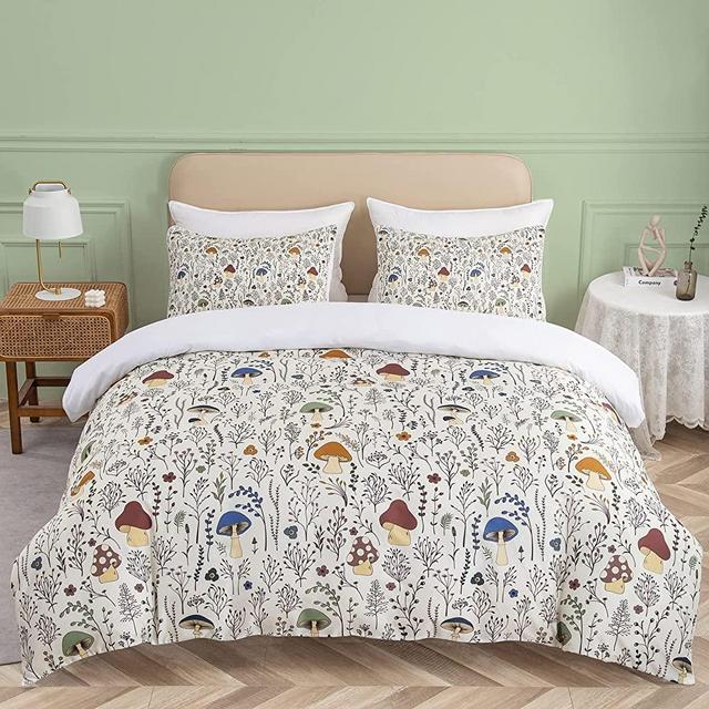 SOULZZZ Colorful Mushroom Duvet Cover Queen - Soft Mushroom Bedding Set with Wild Plants and Flower 3 Piece Aesthetic Mushroom Bed Set for Woman Adult (Queen, Cream)