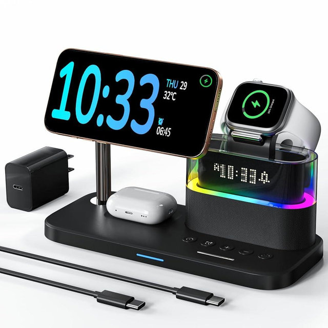 5 in 1 Wireless Charging Station for Apple,Mag-Safe Charger with Alarm Clock Night Light for Multiple Devices,Nightstand Charging Station for iPhone 17/16/15/14/13/12,Apple Watch Series,Air-Pods