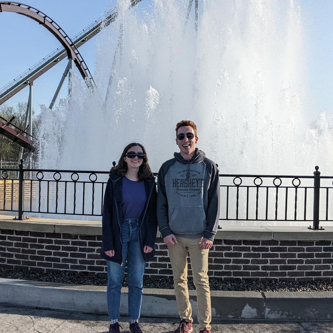 Our first trip to Hersheypark together in April 2022! Observe the very friend-like distance between us.