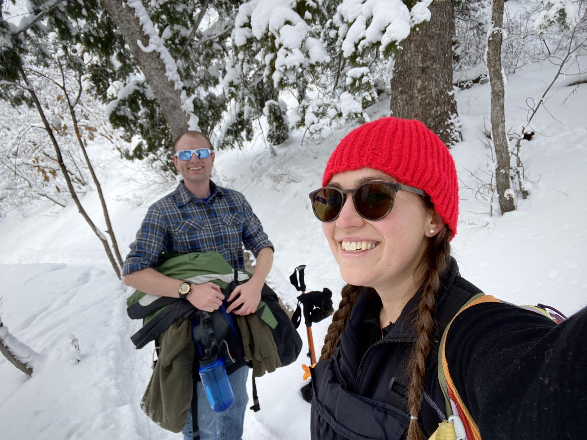 One of our first dates; snow shoeing to Stewart Falls near Sundance.