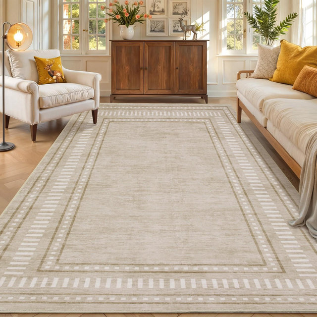 Garvee Border Area Rug, Modern Geometric Striped Rug, Non-Slip Washable Indoor Carpet for Living Room Bedroom, Soft Low-Pile Floor Mat, Light Taupe