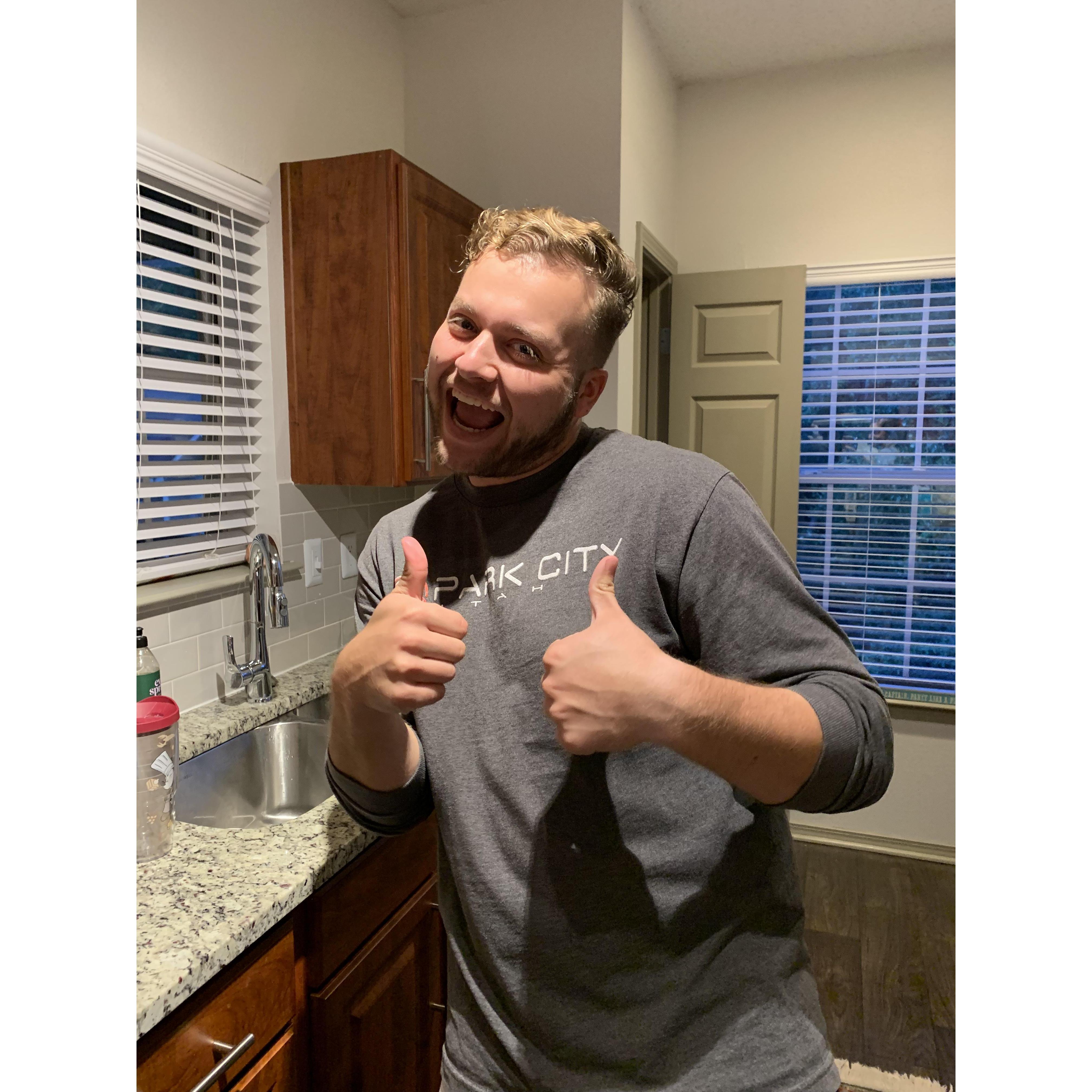 August 2019 - Stephen after his first grocery trip in Atlanta (spoiler alert: lots of Kroger brand pop tarts and jumbo salsa)