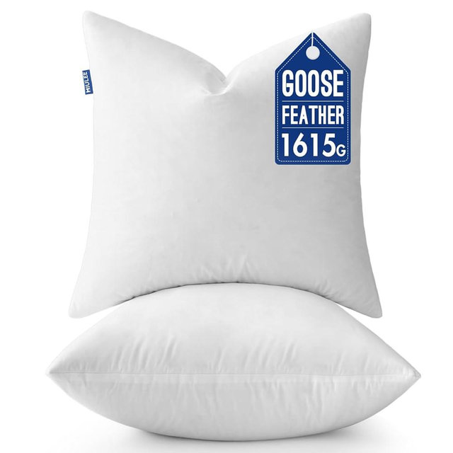 MIULEE 26 x 26 Premiun Goose and Feather Down Throw Pillow Inserts,Set of 2 Soft Fluffy Pillow Inserts Cotton Fabric,Decorative Square Throw Pillows for Sofa Bed Couch Living Room White