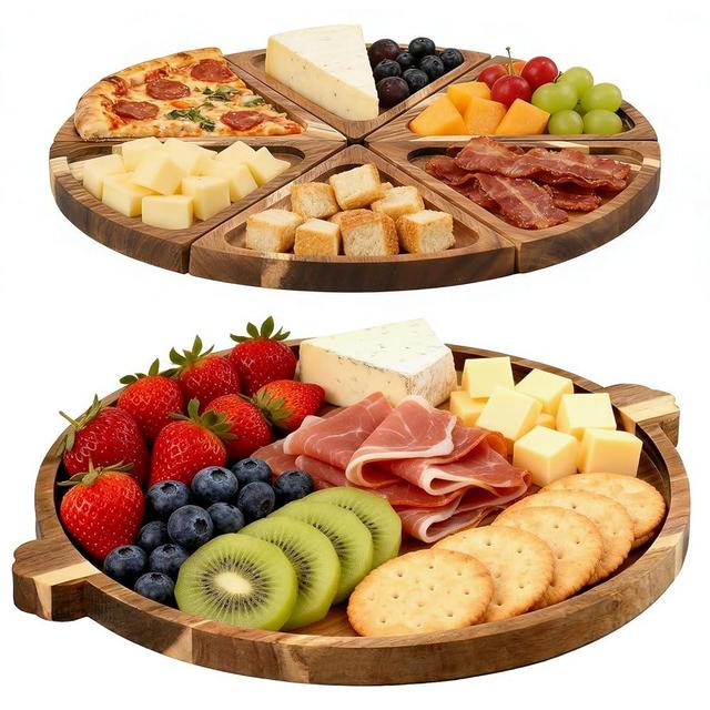 YUBAMIN Acacia Wood Serving Tray with Handles, Round Charcuterie Boards with 6 Detachable Pizza Trays, Wooden Decorative Tray for Party, Coffee Table Tray for Home Decor, Bathroom, Kitchen Counter