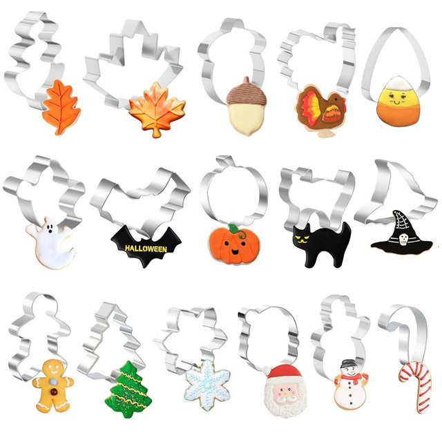 PTaizjjz 16 PCS Holiday Cookie Cutters,Stainless Steel Molds Cookie Cutters for Halloween,Thanksgiving,Christmas,Pumpkin Maple Ghost Gingerbread Man Tree Shapes Cookie Molds for Baking