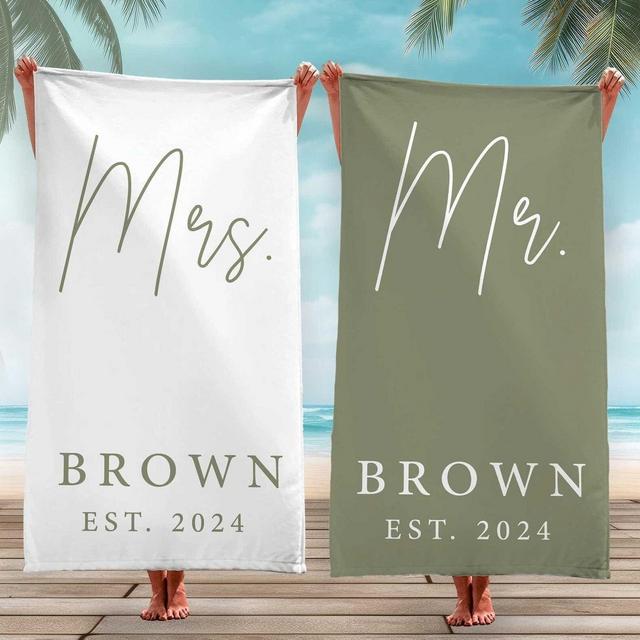 Honeymoon Couple Mr. Mrs. Beach Towel, Matching Custom Bath Towels, Bachelorette Bride Beach Towel Personalized Groom Wedding Newlywed Gift