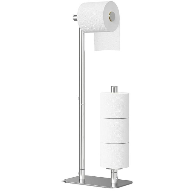 Kitsure Toilet Paper Holder Free Standing - Large Capacity Toilet Paper Holder for 4 Rolls, Rustproof Toilet Paper Stand with Non-Slip Stable Base, Silver, Medium